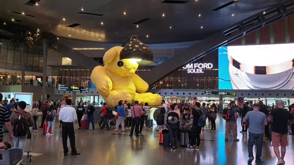 The famous Lamp Bear at Hamad International Airport in Doha, Qatar