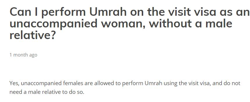 Can I perform Umrah on the visit visa as an unaccompanied woman, without a male relative